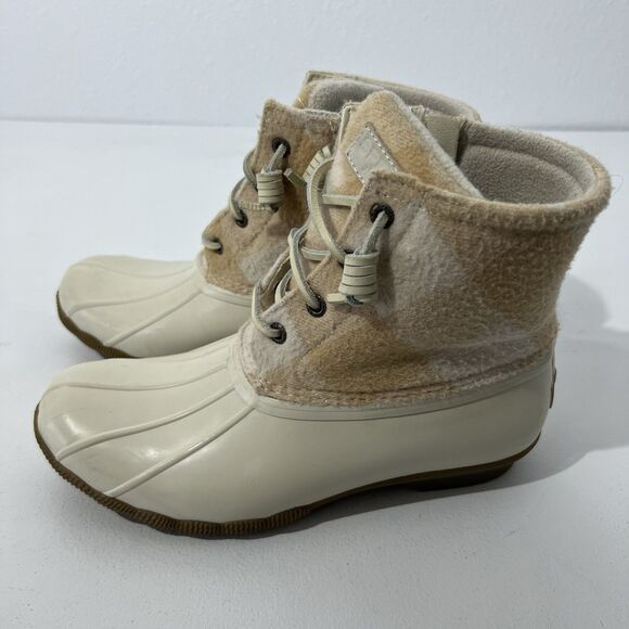 Sperry Duck Boot Womens 7.5 Cream Saltwater Buffalo Check Rain Bone Lace Up - Picture 4 of 10